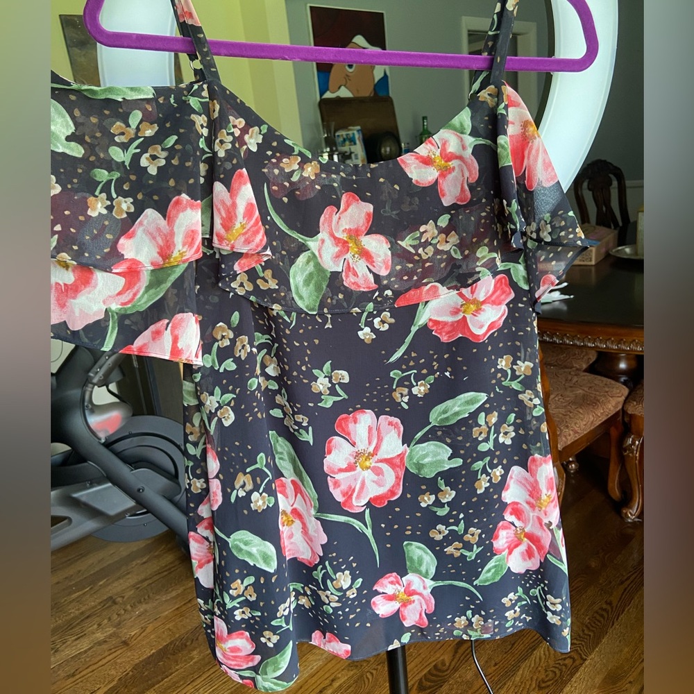 CAbi Black Floral Cold-Shoulder Top with Pink & Green Flowers